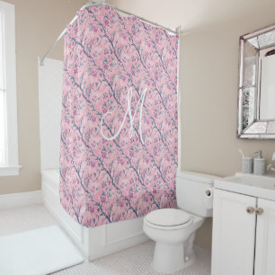 Monogram Pink Blue Toile Chinoiserie Floral Duschvorhang