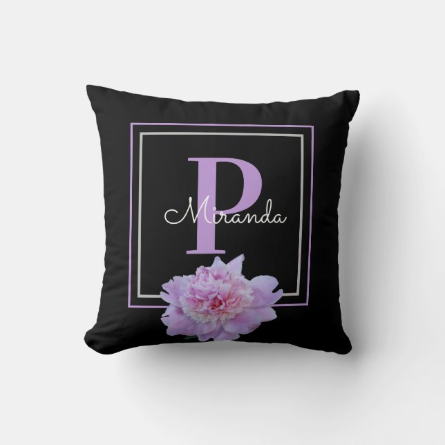 Monogram Pink Blume Black Modern Kissen (Vorderseite)