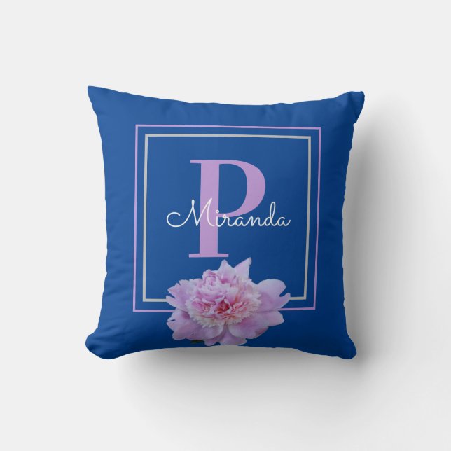 Monogram Pink Blume Blue Throw Kissen (Vorderseite)