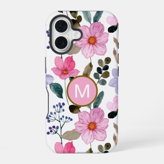 Monogram Pink Blume Muster iPhone Gehäuse 16 Hülle (Rückseite)