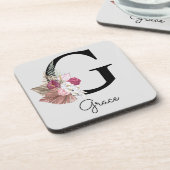Monogram Pink Boho Girly Floral Initial G Getränkeuntersetzer (Linke Seite)