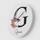 Monogram Pink Boho Girly Floral Initial G Große Wanduhr (Winkel)