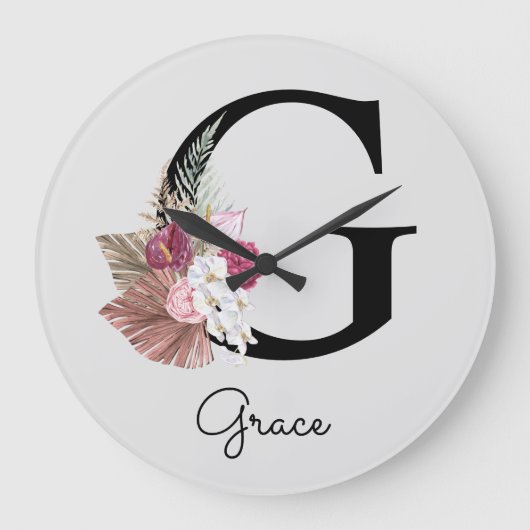 Monogram Pink Boho Girly Floral Initial G Große Wanduhr (Vorderseite)