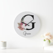 Monogram Pink Boho Girly Floral Initial G Große Wanduhr (Zuhause)