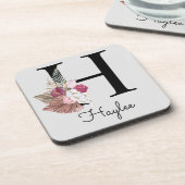 Monogram Pink Boho Girly Floral Initial H Getränkeuntersetzer (Linke Seite)