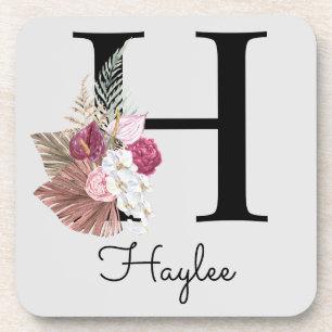 Monogram Pink Boho Girly Floral Initial H Getränkeuntersetzer