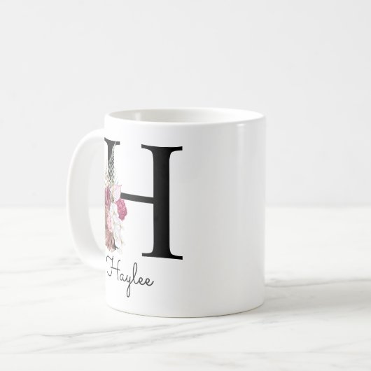 Monogram Pink Boho Girly Floral Initial H Kaffeetasse (Vorderseite Links)