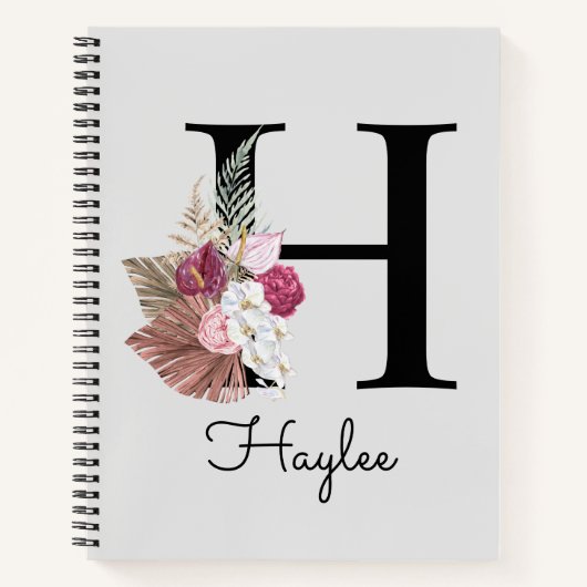 Monogram Pink Boho Girly Floral Initial H Notizblock (Vorderseite)