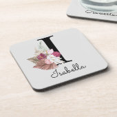 Monogram Pink Boho Girly Floral Initial I Getränkeuntersetzer (Linke Seite)