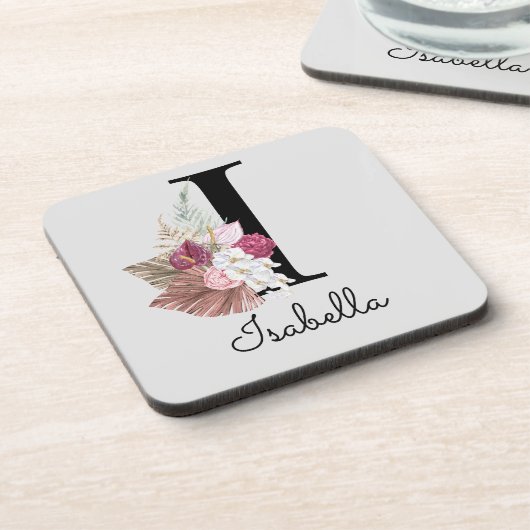 Monogram Pink Boho Girly Floral Initial I Getränkeuntersetzer (Linke Seite)