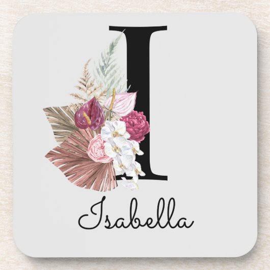 Monogram Pink Boho Girly Floral Initial I Getränkeuntersetzer (Vorderseite)