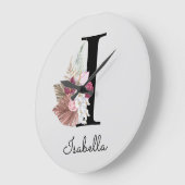 Monogram Pink Boho Girly Floral Initial I Große Wanduhr (Winkel)