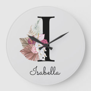 Monogram Pink Boho Girly Floral Initial I Große Wanduhr
