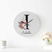 Monogram Pink Boho Girly Floral Initial I Große Wanduhr (Zuhause)