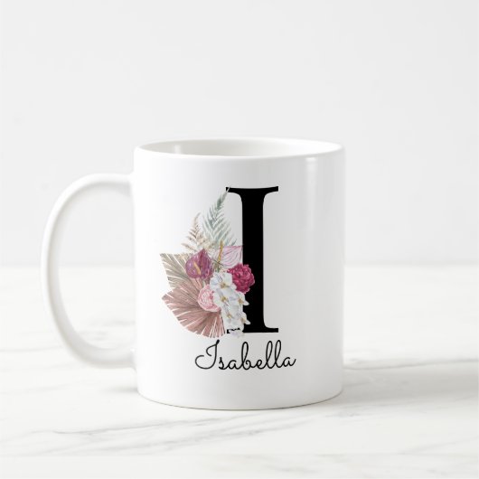 Monogram Pink Boho Girly Floral Initial I Kaffeetasse (Links)