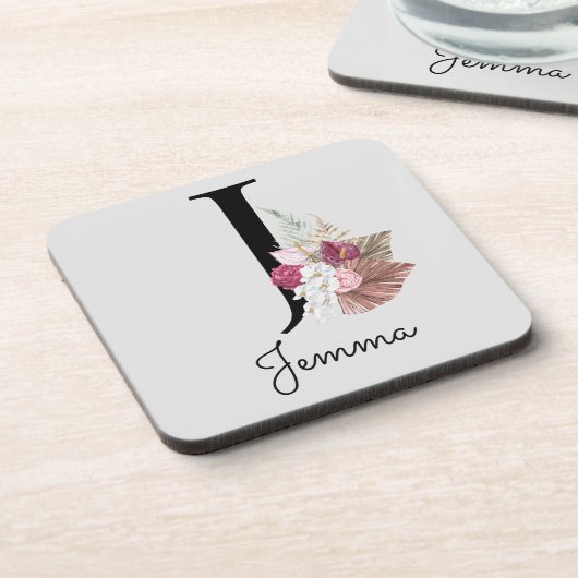 Monogram Pink Boho Girly Floral Initial J Getränkeuntersetzer (Linke Seite)