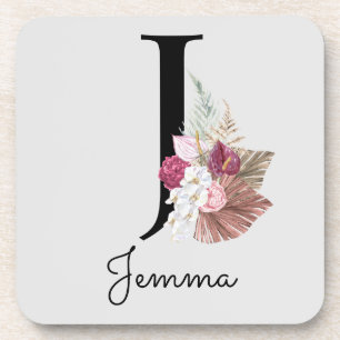 Monogram Pink Boho Girly Floral Initial J Getränkeuntersetzer