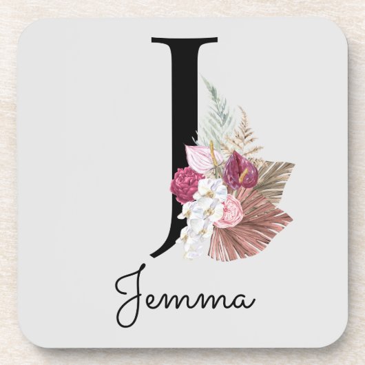 Monogram Pink Boho Girly Floral Initial J Getränkeuntersetzer (Vorderseite)