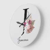 Monogram Pink Boho Girly Floral Initial J Große Wanduhr (Winkel)