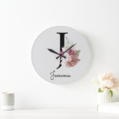 Monogram Pink Boho Girly Floral Initial J Große Wanduhr (Zuhause)