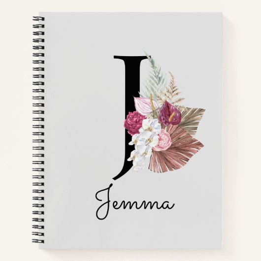 Monogram Pink Boho Girly Floral Initial J Notizblock (Vorderseite)