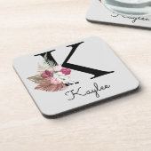Monogram Pink Boho Girly Floral Initial K Getränkeuntersetzer (Linke Seite)