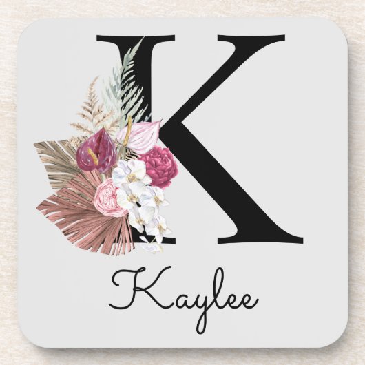 Monogram Pink Boho Girly Floral Initial K Getränkeuntersetzer (Vorderseite)