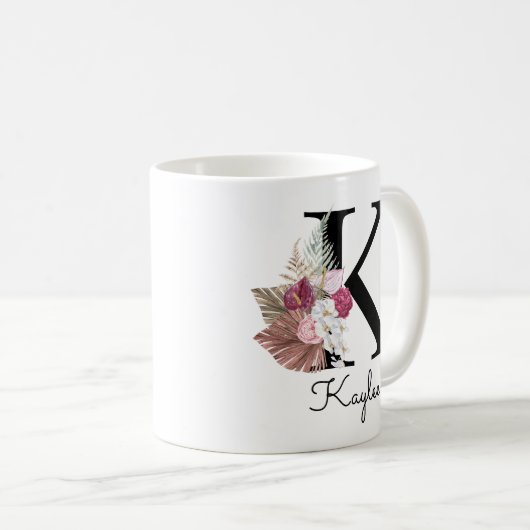 Monogram Pink Boho Girly Floral Initial K Kaffeetasse (VorderseiteRechts)