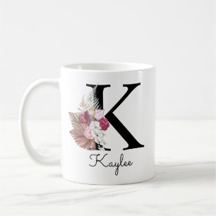 Monogram Pink Boho Girly Floral Initial K Kaffeetasse