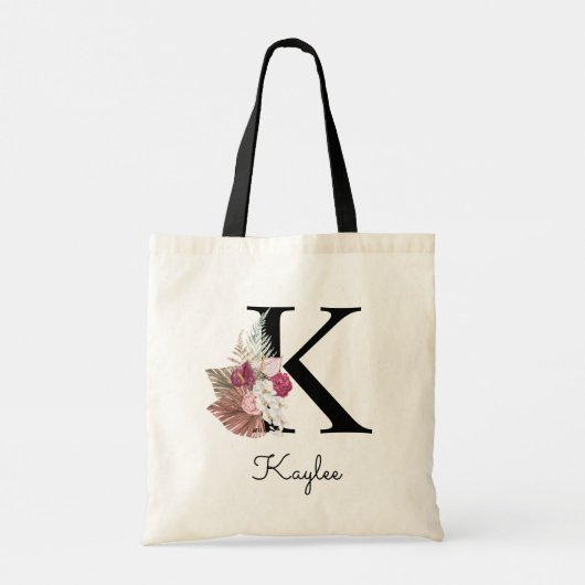 Monogram Pink Boho Girly Floral Initial K Tragetasche (Rückseite)