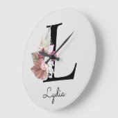 Monogram Pink Boho Girly Floral Initial L Große Wanduhr (Winkel)