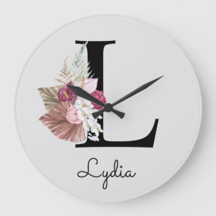 Monogram Pink Boho Girly Floral Initial L Große Wanduhr