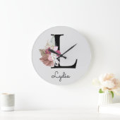 Monogram Pink Boho Girly Floral Initial L Große Wanduhr (Zuhause)