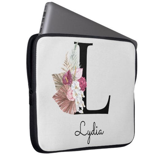 Monogram Pink Boho Girly Floral Initial L Laptopschutzhülle (Vorne Rechts)
