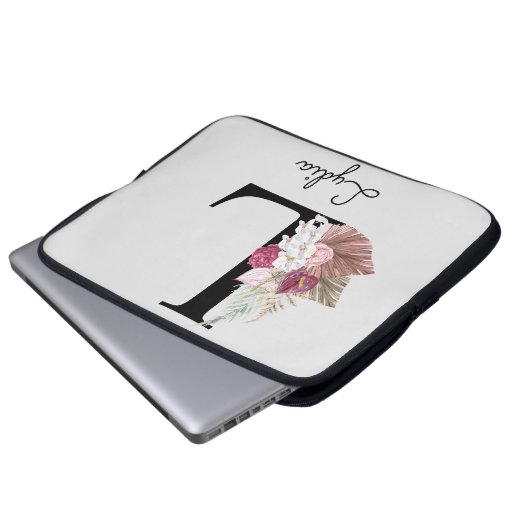 Monogram Pink Boho Girly Floral Initial L Laptopschutzhülle (Vorne Knopf)