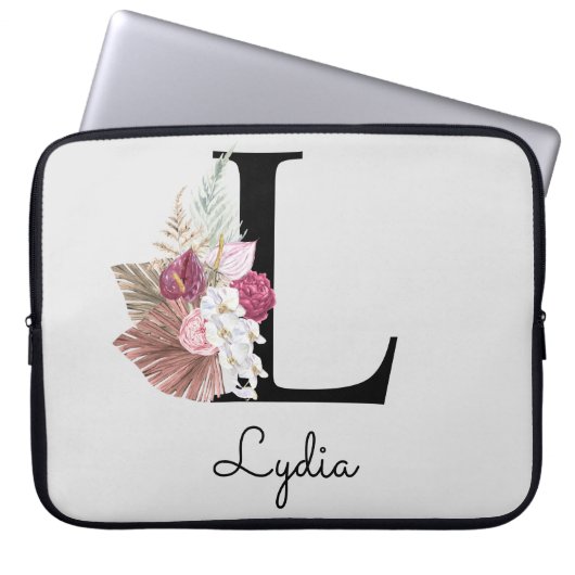 Monogram Pink Boho Girly Floral Initial L Laptopschutzhülle (Vorderseite)