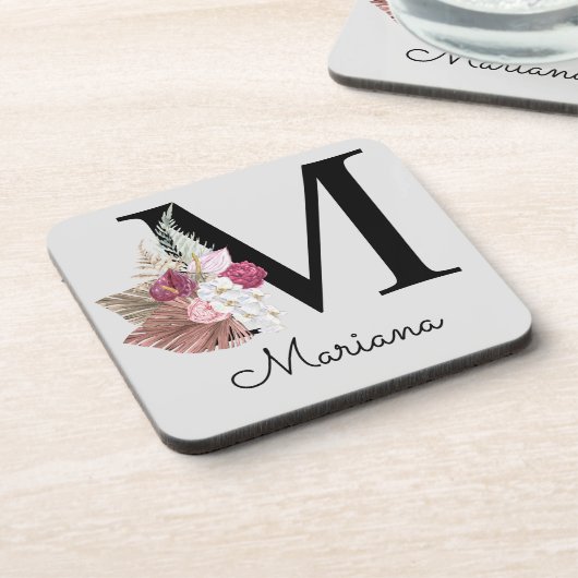 Monogram Pink Boho Girly Floral Initial M Getränkeuntersetzer (Linke Seite)