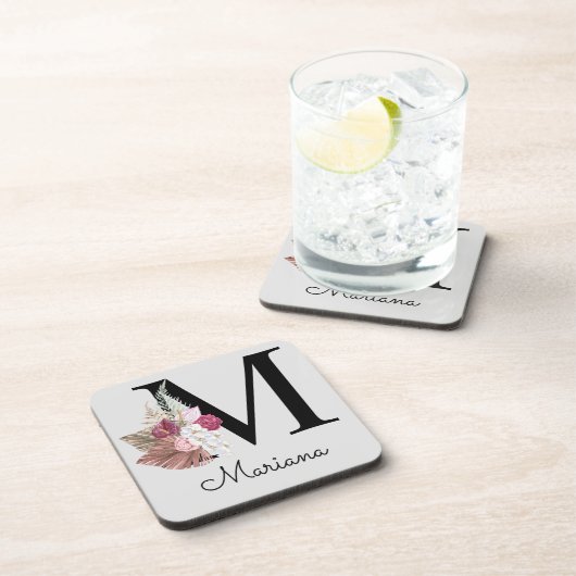 Monogram Pink Boho Girly Floral Initial M Getränkeuntersetzer (Rechte Seite)