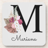 Monogram Pink Boho Girly Floral Initial M Getränkeuntersetzer (Vorderseite)