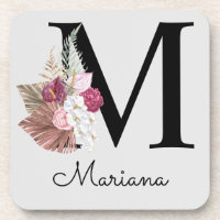 Monogram Pink Boho Girly Floral Initial M