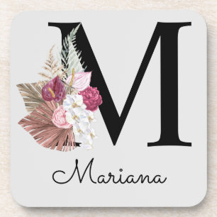 Monogram Pink Boho Girly Floral Initial M Getränkeuntersetzer