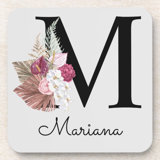 Monogram Pink Boho Girly Floral Initial M Getränkeuntersetzer (Vorderseite)