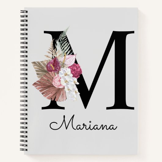 Monogram Pink Boho Girly Floral Initial M Notizblock (Vorderseite)