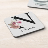 Monogram Pink Boho Girly Floral Initial N Getränkeuntersetzer (Linke Seite)