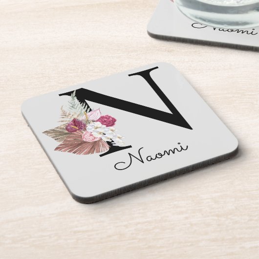 Monogram Pink Boho Girly Floral Initial N Getränkeuntersetzer (Linke Seite)