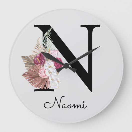Monogram Pink Boho Girly Floral Initial N Große Wanduhr (Vorderseite)
