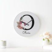 Monogram Pink Boho Girly Floral Initial O Große Wanduhr (Zuhause)