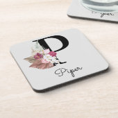 Monogram Pink Boho Girly Floral Initial P Getränkeuntersetzer (Linke Seite)