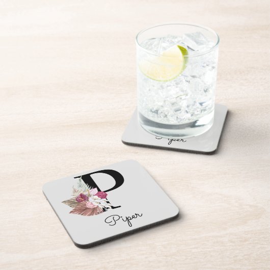 Monogram Pink Boho Girly Floral Initial P Getränkeuntersetzer (Rechte Seite)