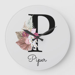 Monogram Pink Boho Girly Floral Initial P Große Wanduhr
